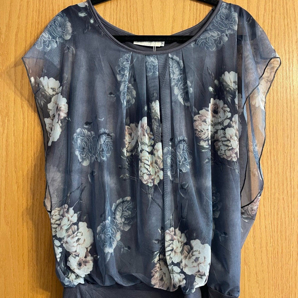 Women's Floral Printed Flouncing Flared Short Sleeve Mesh Blouse Top
